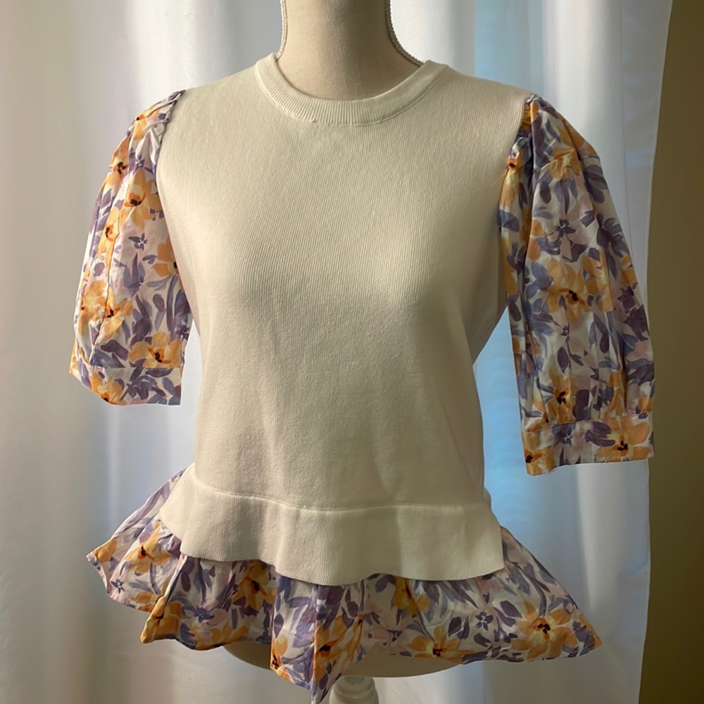 Sweater top with floral peplum and floral sleeves